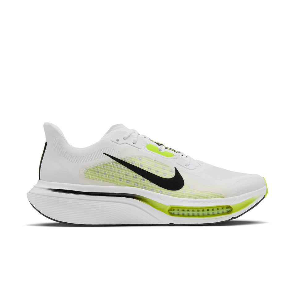 Lateral view of the right shoe from a pair of Nike Men's Pegasus Plus 2 Road Running Shoes in the White/Black-Lemon Venom colourway.