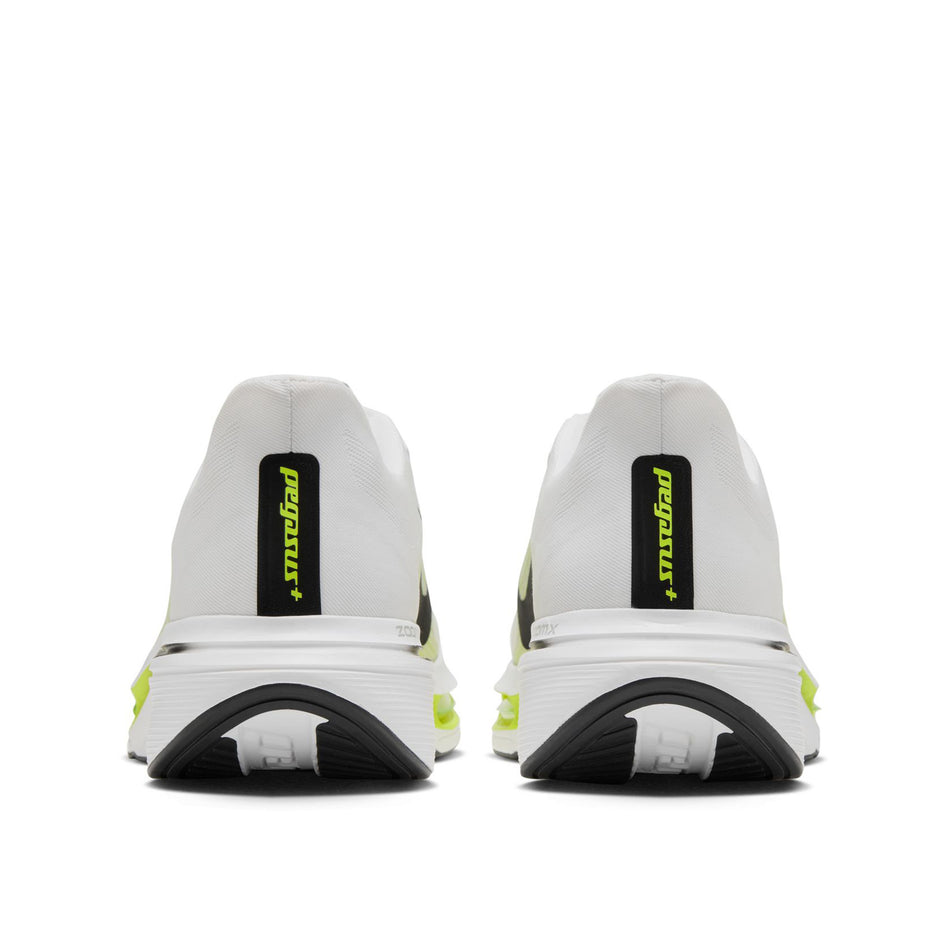 The back of a pair of Nike Men's Pegasus Plus 2 Road Running Shoes in the White/Black-Lemon Venom colourway.