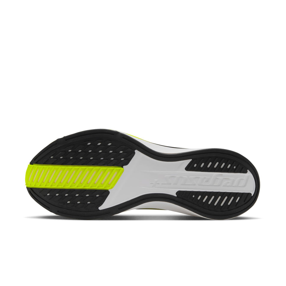 The outsole of the left shoe from a pair of Nike Men's Pegasus Plus 2 Road Running Shoes in the White/Black-Lemon Venom colourway.