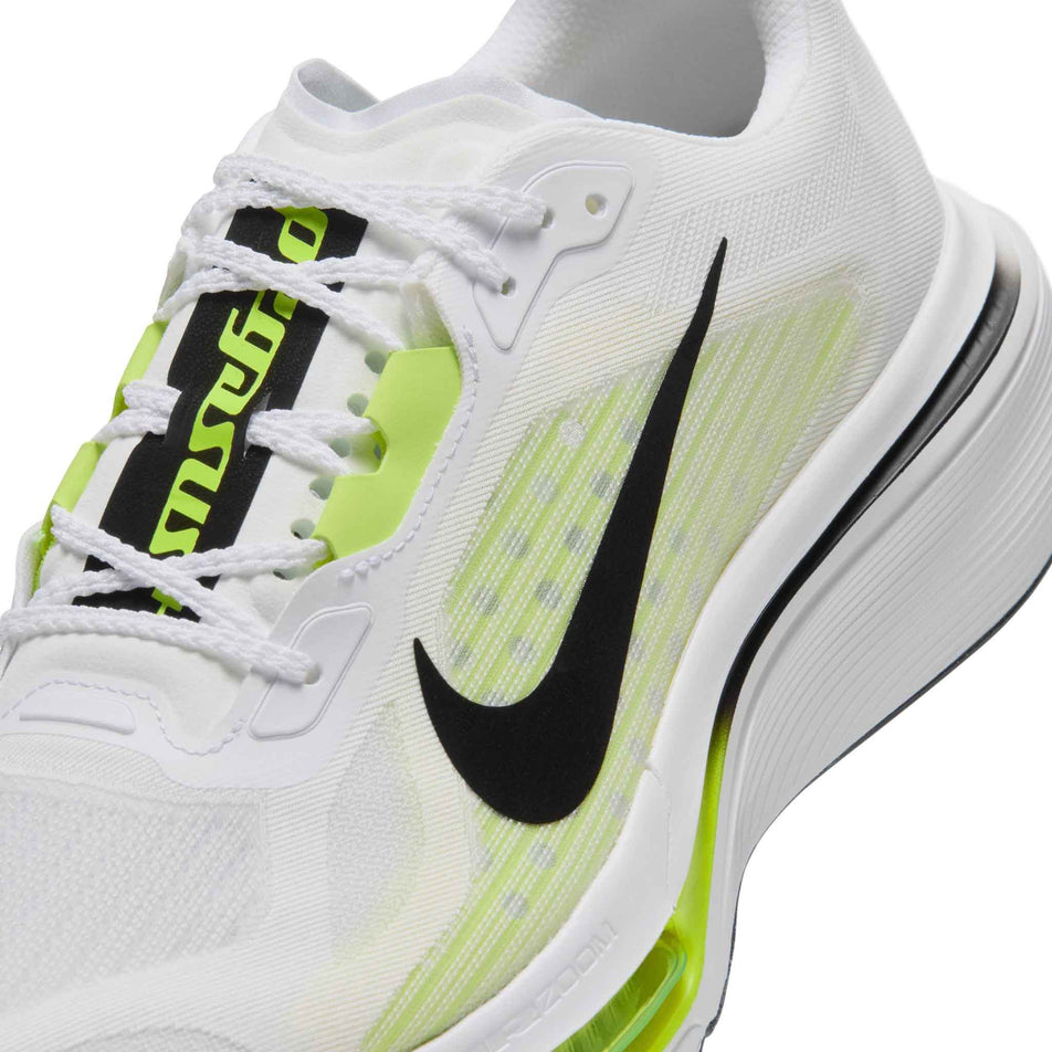 Close-up view of the upper of the left shoe from a pair of Nike Men's Pegasus Plus 2 Road Running Shoes in the White/Black-Lemon Venom colourway.