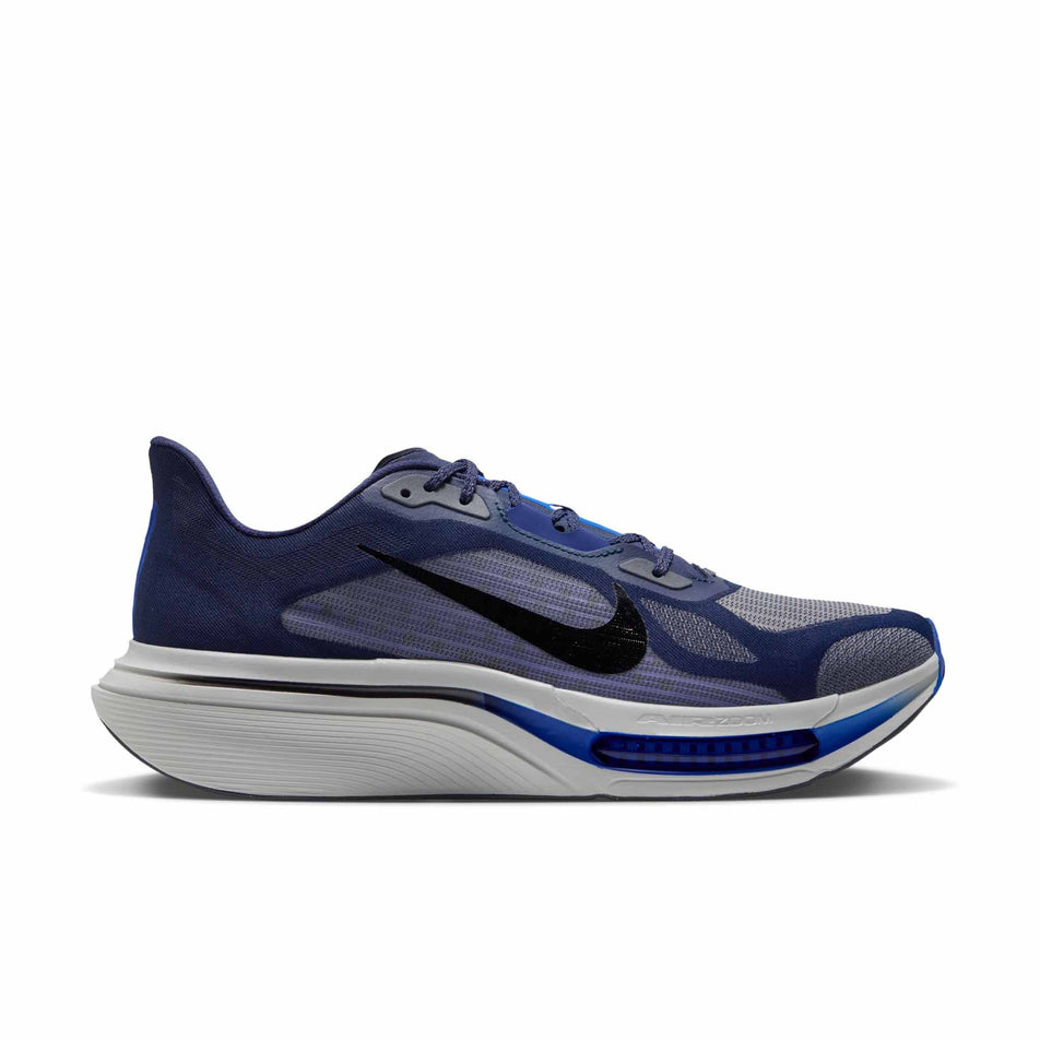 Lateral view of the right shoe from a pair of Nike Men's Pegasus Plus 2 Road Running Shoes in the Midnight Navy/Black-Racer Blue-Grey Mist colourway.