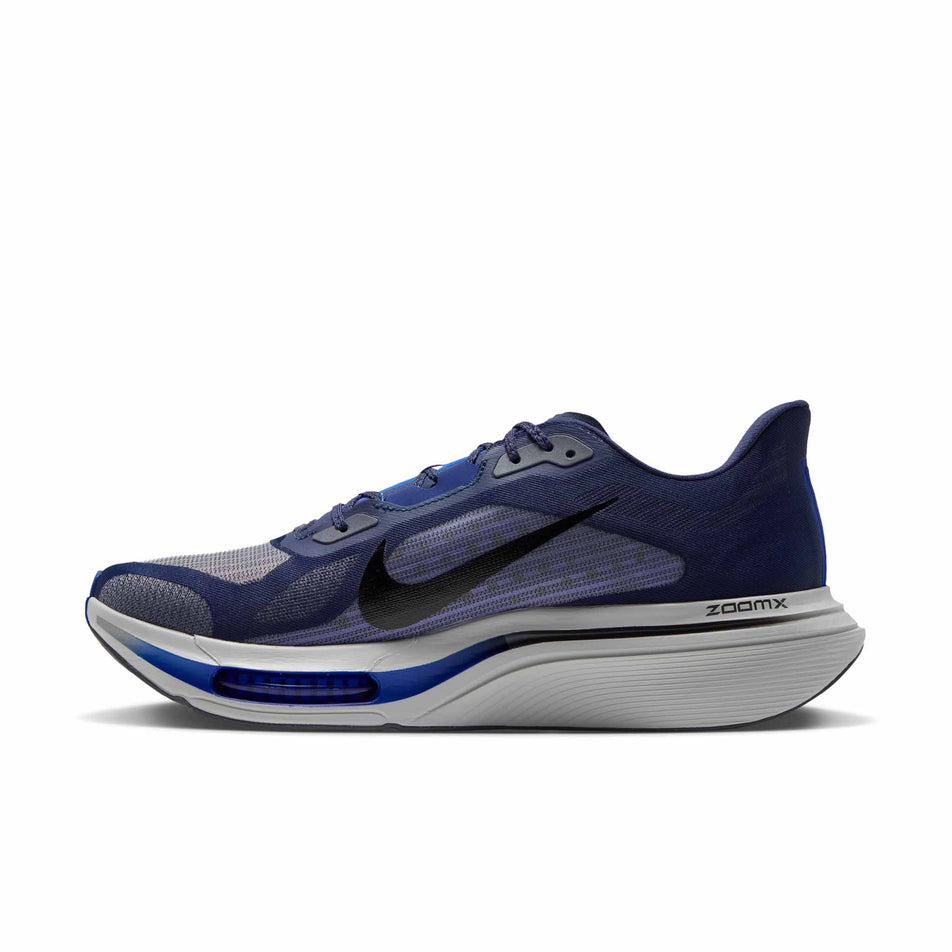 Medial view of the right shoe from a pair of Nike Men's Pegasus Plus 2 Road Running Shoes in the Midnight Navy/Black-Racer Blue-Grey Mist colourway.