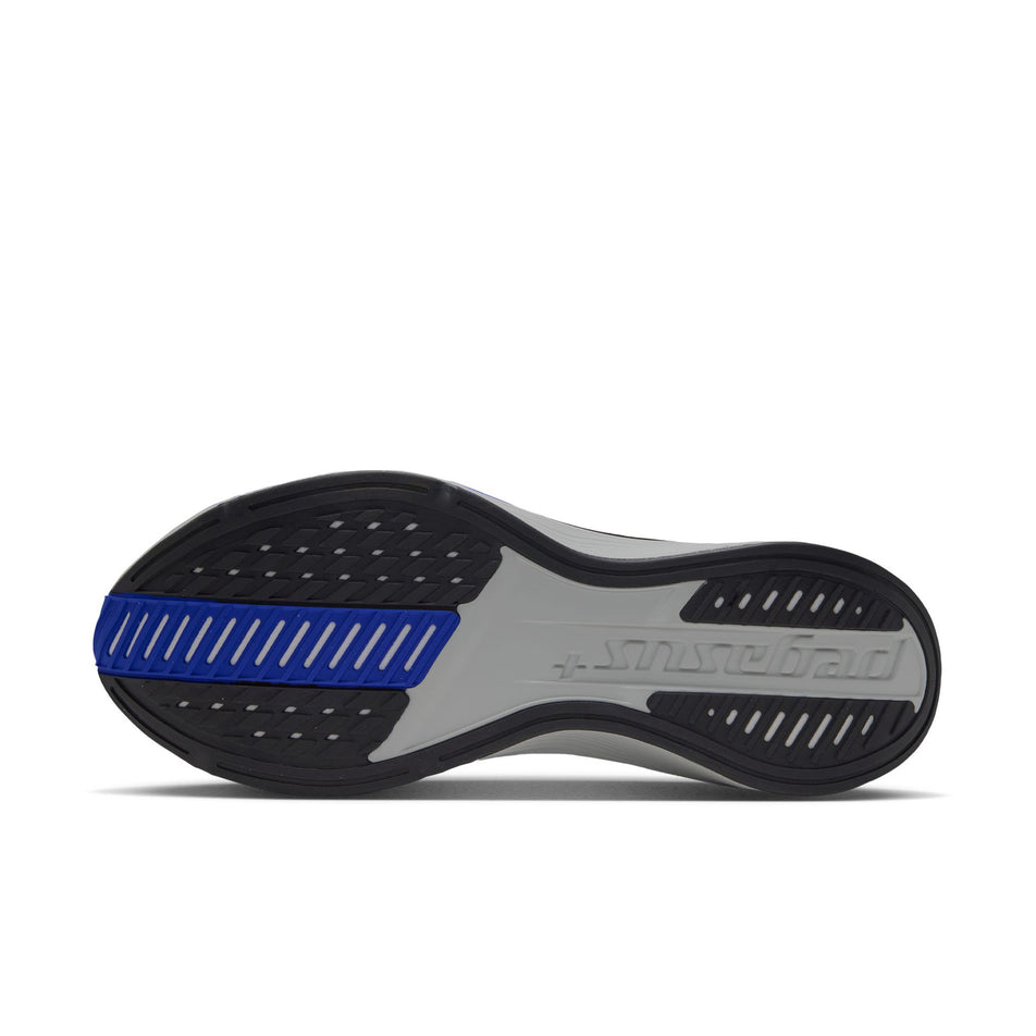 The outsole of the left shoe from a pair of Nike Men's Pegasus Plus 2 Road Running Shoes in the Midnight Navy/Black-Racer Blue-Grey Mist colourway.