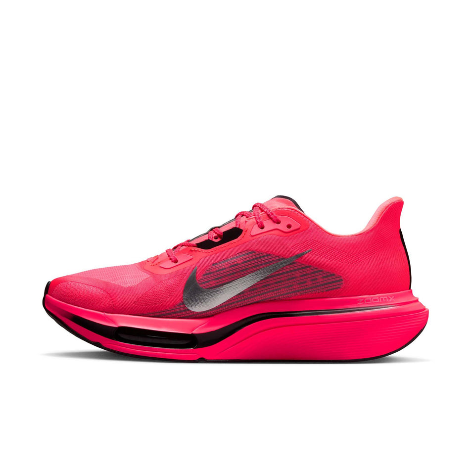 Medial view of the right shoe from a pair of Nike Men's Pegasus Plus 2 Road Running Shoes in the Flash Crimson/Metallic Silver-Black colourway.