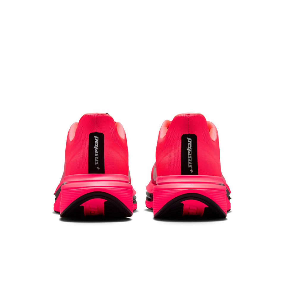 The back of a pair of Nike Men's Pegasus Plus 2 Road Running Shoes in the Flash Crimson/Metallic Silver-Black colourway.