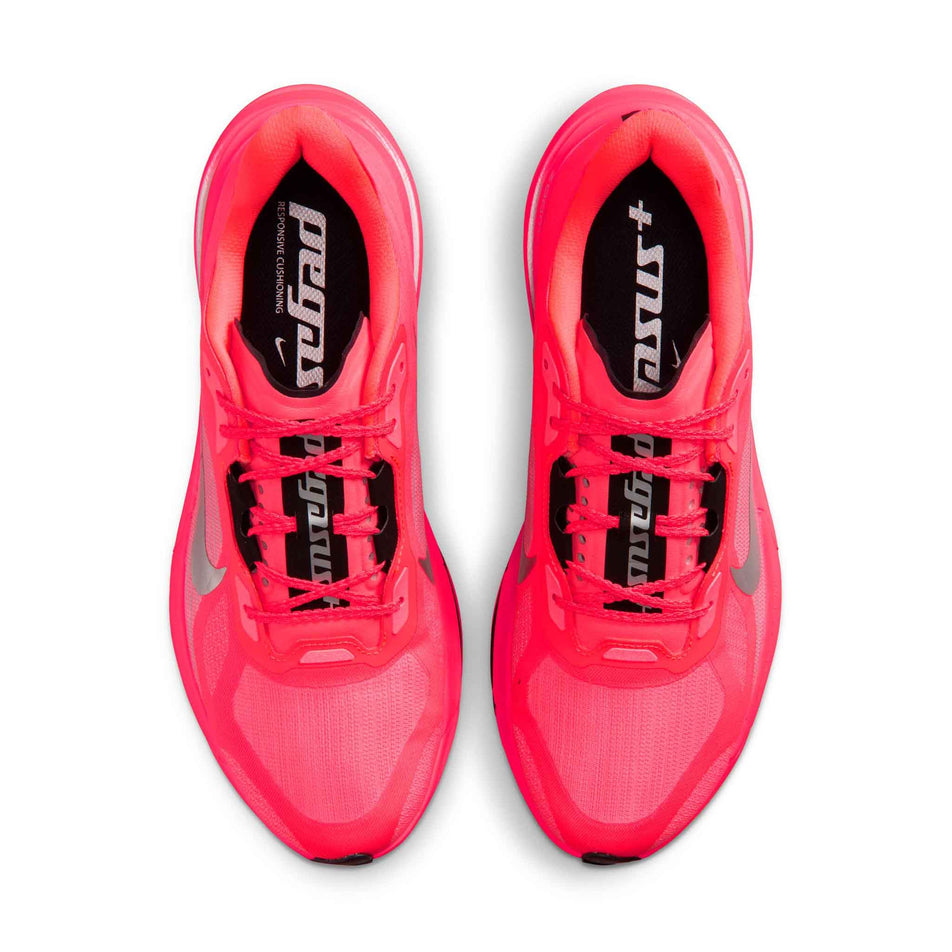 The uppers of a pair of Nike Men's Pegasus Plus 2 Road Running Shoes in the Flash Crimson/Metallic Silver-Black colourway.