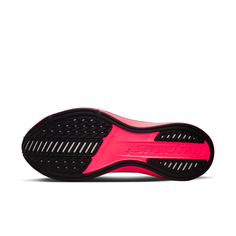 The outsole of the left shoe from a pair of Nike Men's Pegasus Plus 2 Road Running Shoes in the Flash Crimson/Metallic Silver-Black colourway.