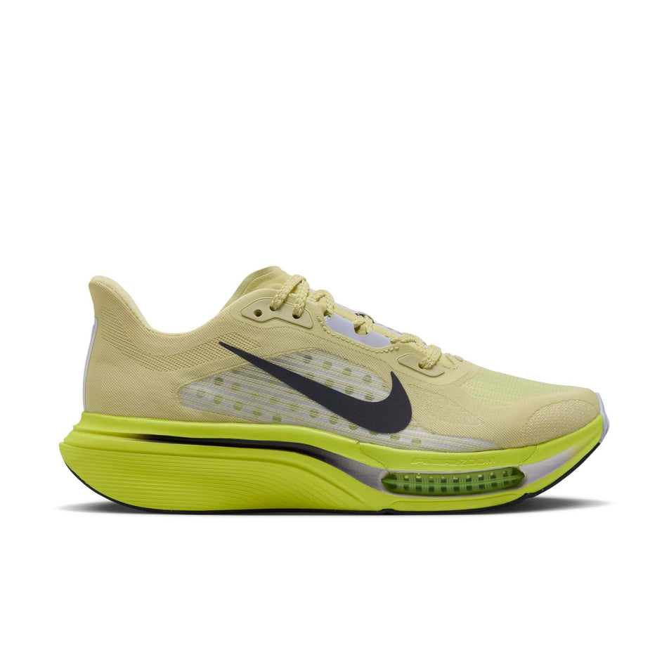 Lateral view of the right shoe from a pair of Nike Women's Pegasus Plus 2 Road Running Shoes in the Fennel/Gridiron-Lemon Venom colourway.