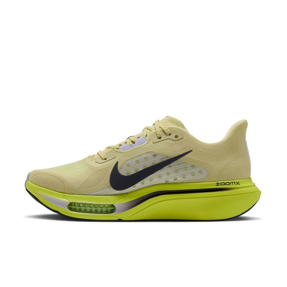 Medial view of the right shoe from a pair of Nike Women's Pegasus Plus 2 Road Running Shoes in the Fennel/Gridiron-Lemon Venom colourway.