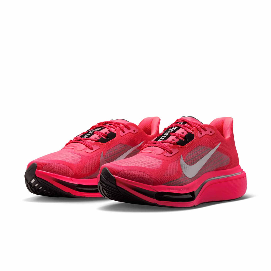 A pair of Nike Women's Pegasus Plus 2 Road Running Shoes in the Flash Crimson/Metallic Silver-Black colourway.