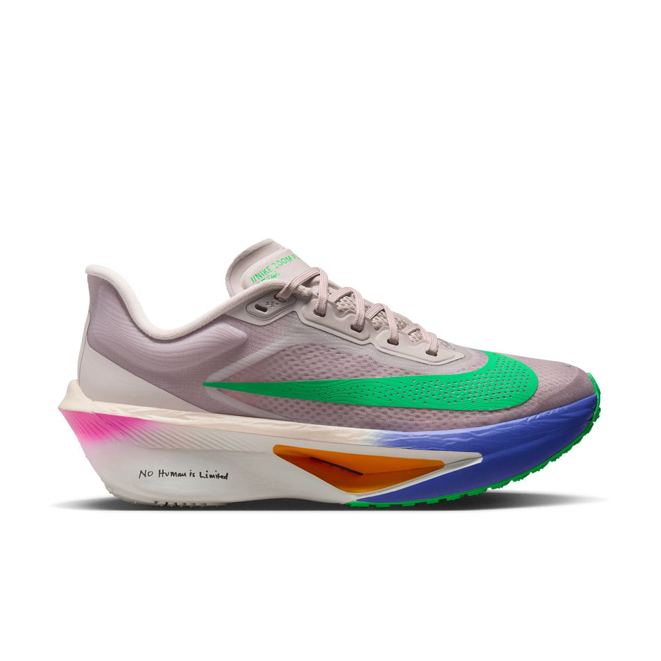 Lateral view of the right shoe from a pair of Nike Women's Zoom Fly 6 Road Running Shoes in the Silt Red/Green Shock-Persian Violet colourway.