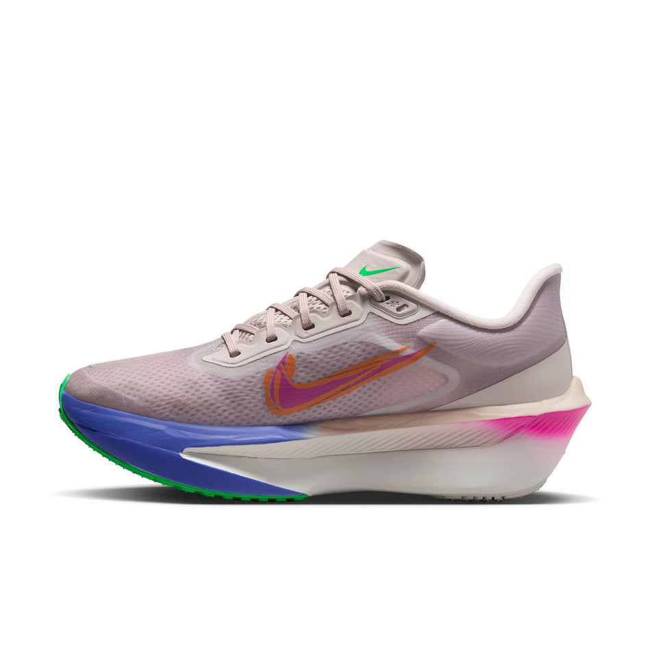 Medial view of the right shoe from a pair of Nike Women's Zoom Fly 6 Road Running Shoes in the Silt Red/Green Shock-Persian Violet colourway.