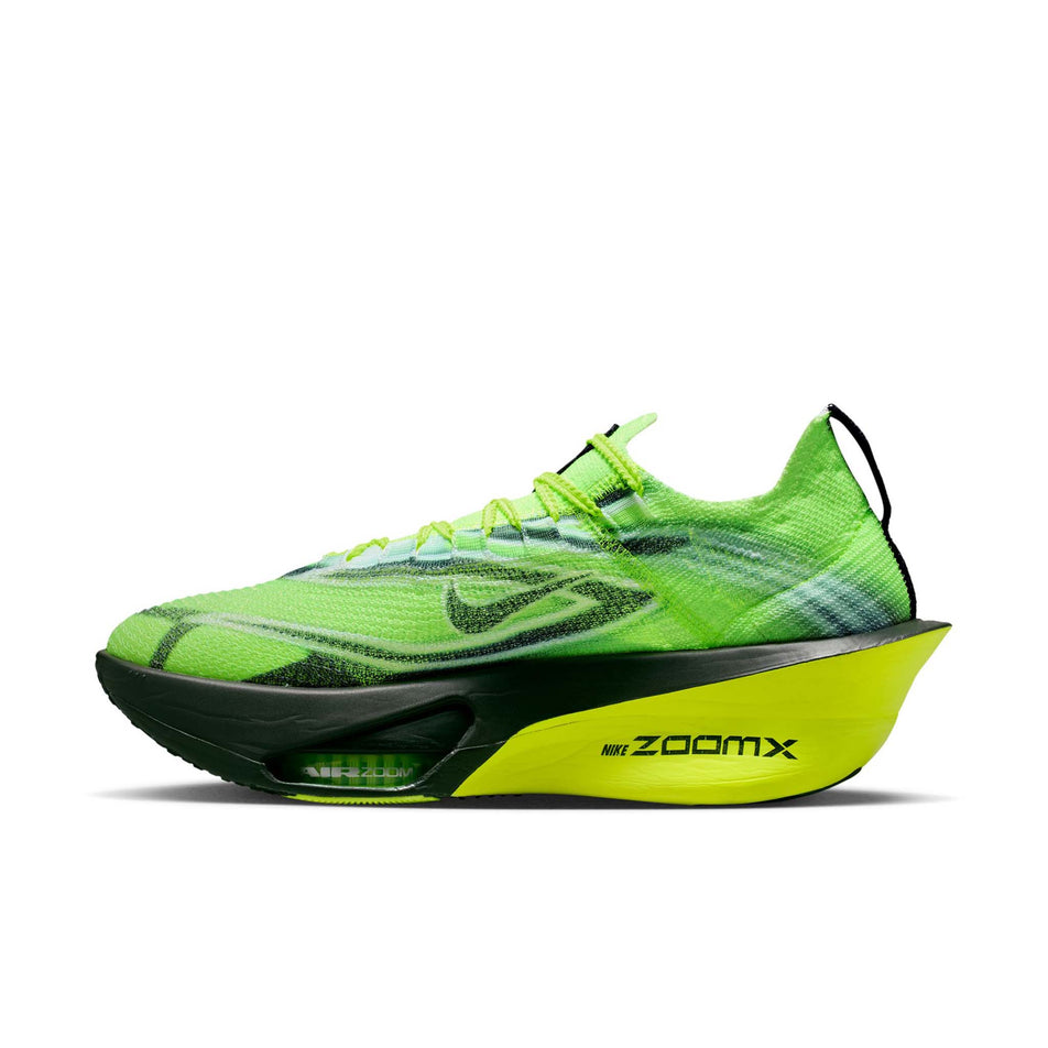 Medial view of the right shoe from a pair of Nike Men's Alphafly 3 Road Racing Shoes in the Multi-Color/Black-Volt-White colourway. (8783793062050)