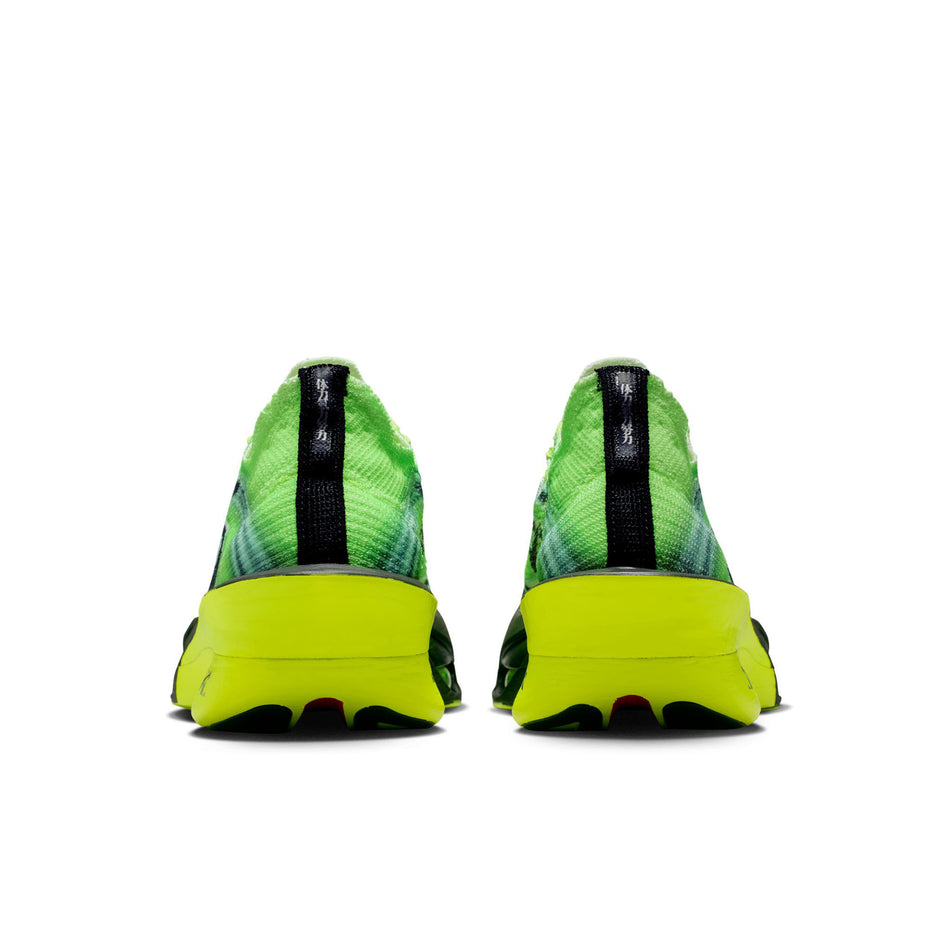 The back of a pair of Nike Men's Alphafly 3 Road Racing Shoes in the Multi-Color/Black-Volt-White colourway. (8783793062050)