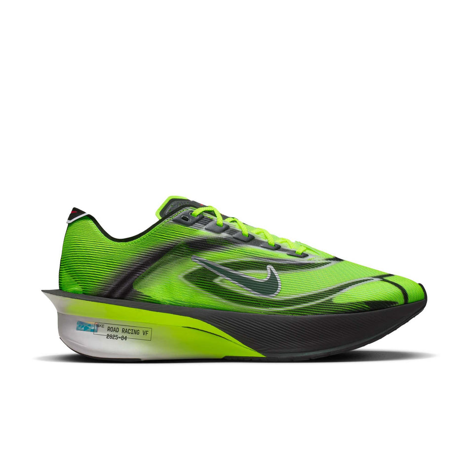 Lateral view of the right shoe from a pair of Nike Men's Vaporfly 4 Road Racing Shoes in the Multi-Color/Black-Volt-White colourway. (8791535026338)