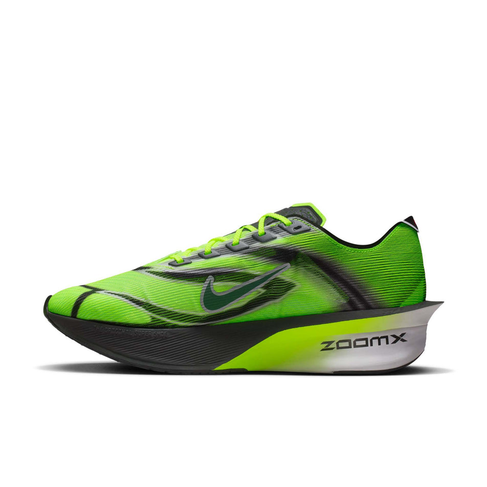 Medial view of the right shoe from a pair of Nike Men's Vaporfly 4 Road Racing Shoes in the Multi-Color/Black-Volt-White colourway. (8791535026338)
