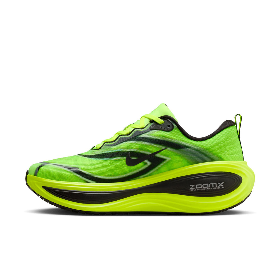 Medial view of the right shoe from a pair of Nike Men's Vomero Plus SE Road Running Shoes in the Multi-Color/Black-Volt-White colourway.