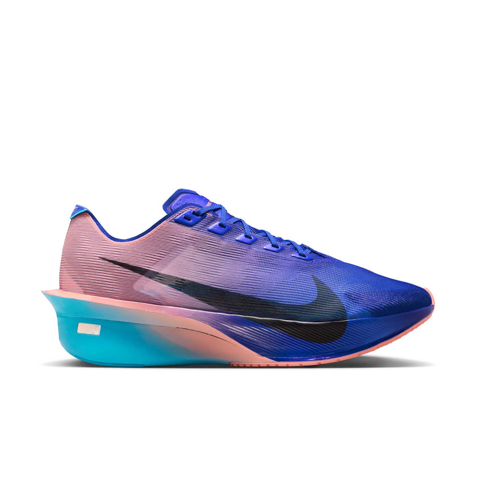 Lateral view of the right shoe from a pair of Nike Men's Vaporfly 4 Road Racing Shoes in the Racer Blue/White-Blue Lightning colourway.