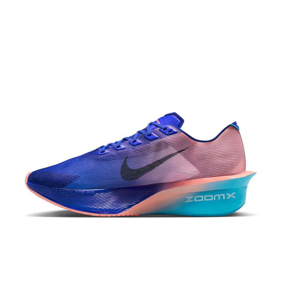 Medial view of the right shoe from a pair of Nike Men's Vaporfly 4 Road Racing Shoes in the Racer Blue/White-Blue Lightning colourway.