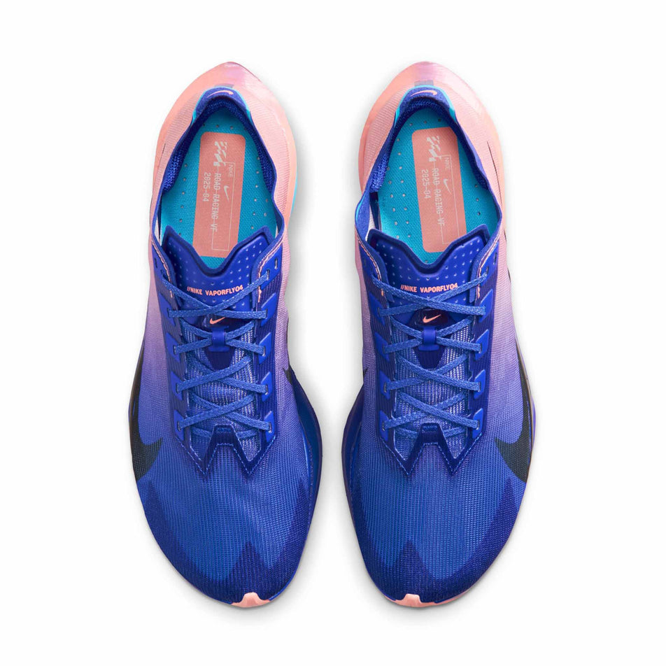 The uppers of a pair of Nike Men's Vaporfly 4 Road Racing Shoes in the Racer Blue/White-Blue Lightning colourway.
