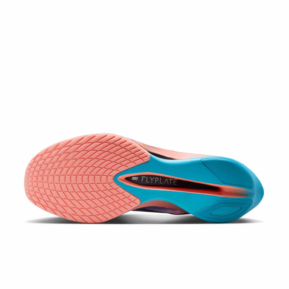 The outsole of the left shoe from a pair of Nike Men's Vaporfly 4 Road Racing Shoes in the Racer Blue/White-Blue Lightning colourway.