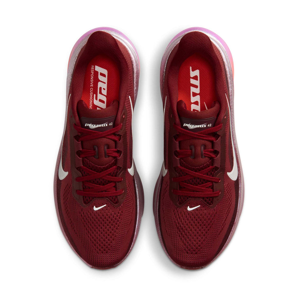 The uppers of a pair of Nike Women's Pegasus 42 SE Road Running Shoes in the Team Red/Barely Green-Atomic Pink colourway.