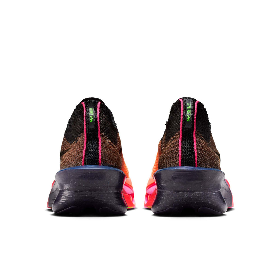 The back of a pair of Nike Women's Alphafly 3 Road Racing Shoes in the Orange Pulse/Black-Purple Dynasty colourway.