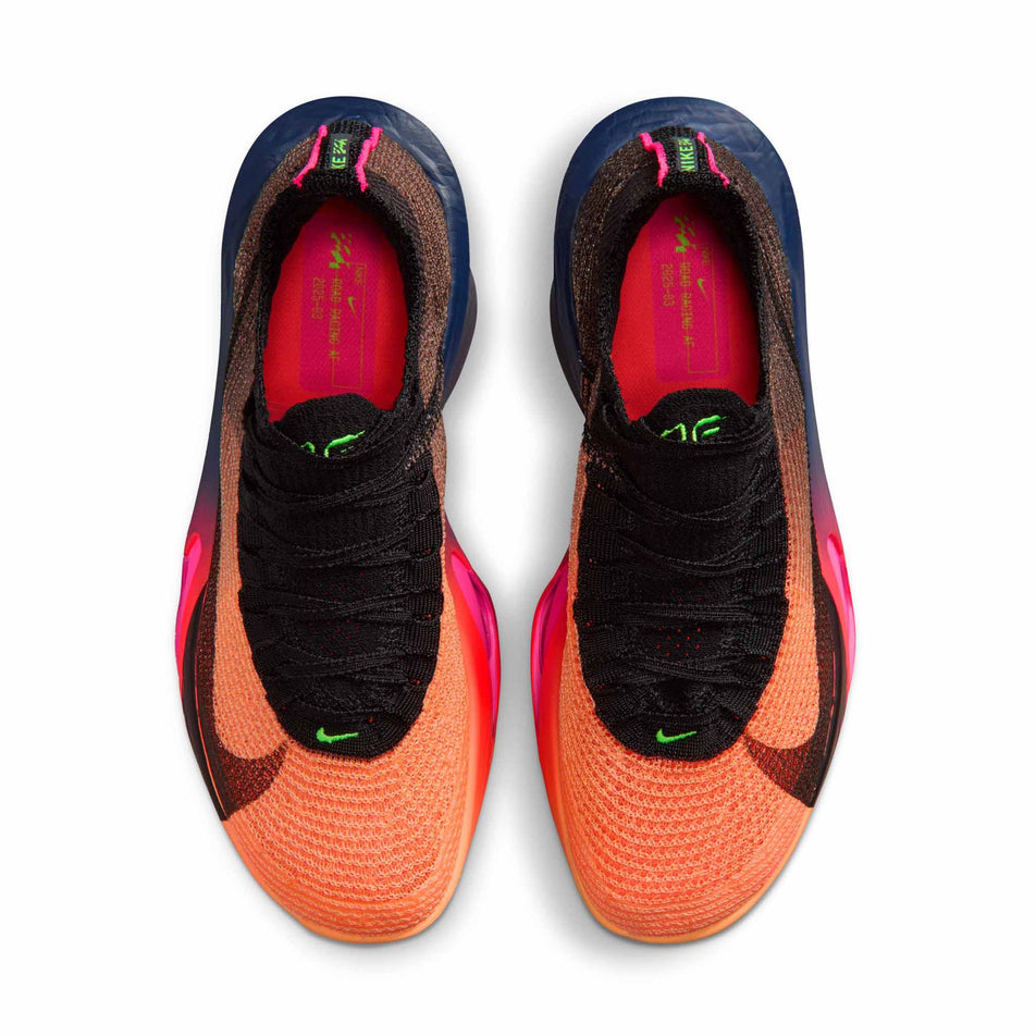 The uppers of a pair of Nike Women's Alphafly 3 Road Racing Shoes in the Orange Pulse/Black-Purple Dynasty colourway.