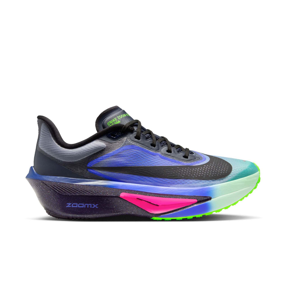Lateral view of the right shoe from a pair of Nike Women's Zoom Fly 6 Road Running Shoes in the Dark Obsidian/Black-Racer Blue colourway.