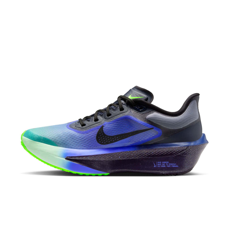 Medial view of the right shoe from a pair of Nike Women's Zoom Fly 6 Road Running Shoes in the Dark Obsidian/Black-Racer Blue colourway.