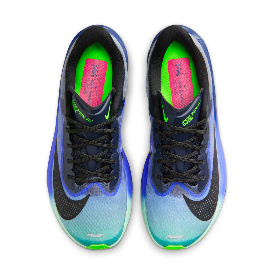 The uppers of a pair of Nike Women's Zoom Fly 6 Road Running Shoes in the Dark Obsidian/Black-Racer Blue colourway.