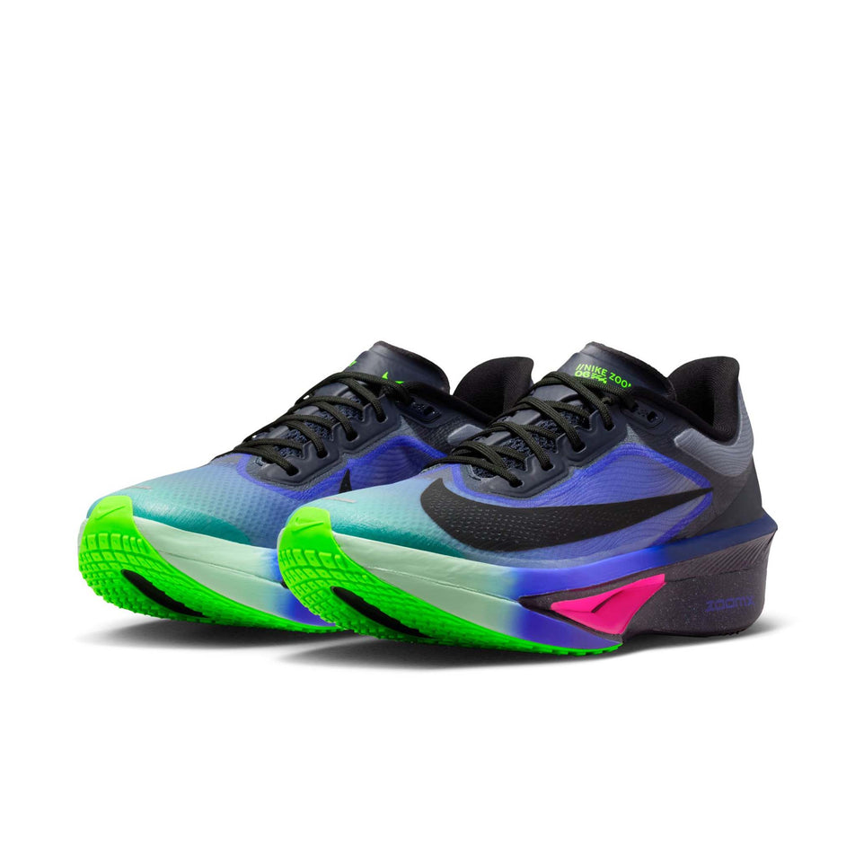 A pair of Nike Women's Zoom Fly 6 Road Running Shoes in the Dark Obsidian/Black-Racer Blue colourway.