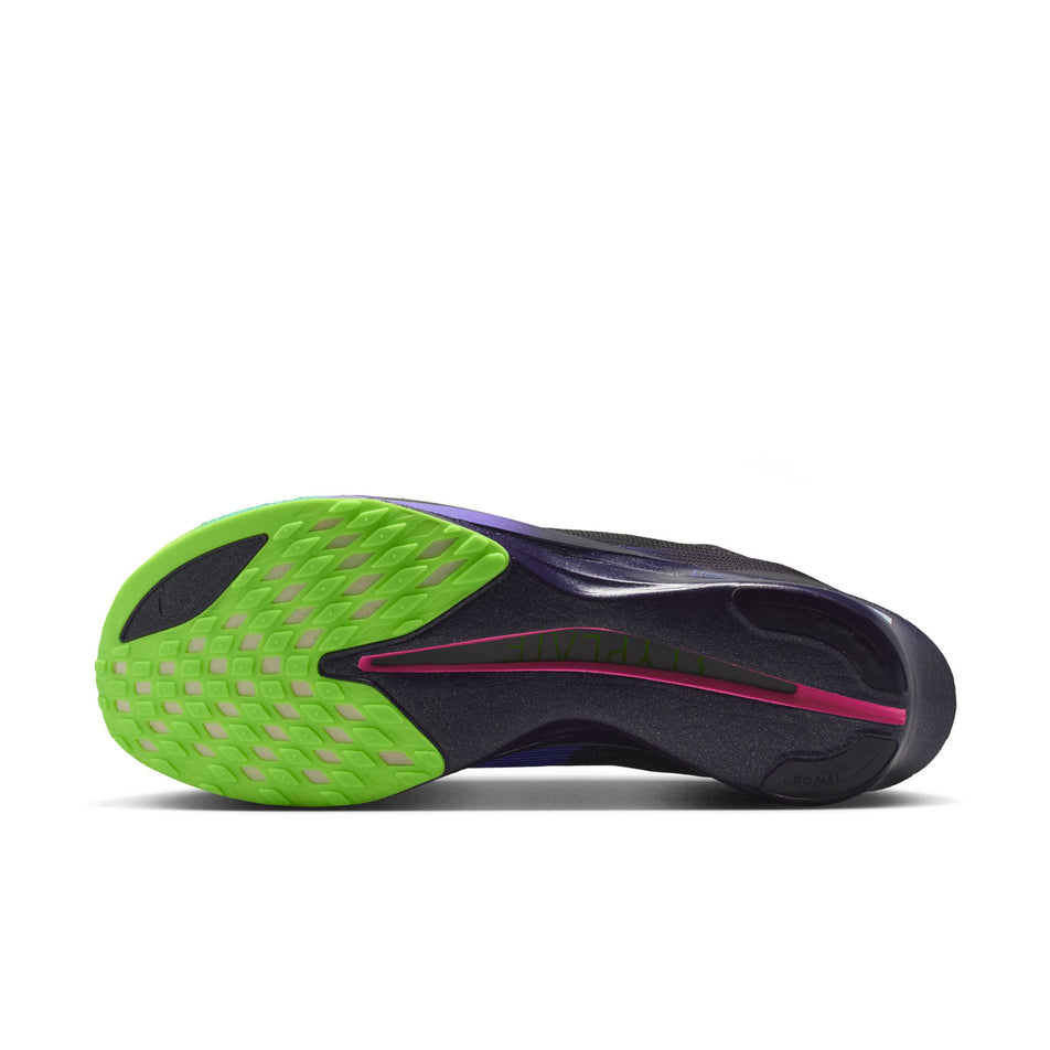 The outsole of the left shoe from a pair of Nike Men's Streakfly 2 Glam Road Racing Shoes in the Dark Obsidian/Black-Electric Green colourway.