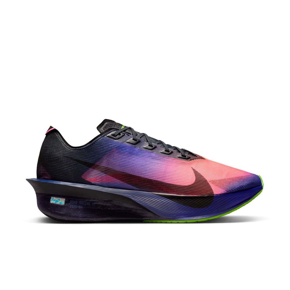 Lateral view of the right shoe from a pair of Nike Men's Vaporfly 4 Glam Road Racing Shoes in the Dark Obsidian/Black-Purple Dynasty colourway.
