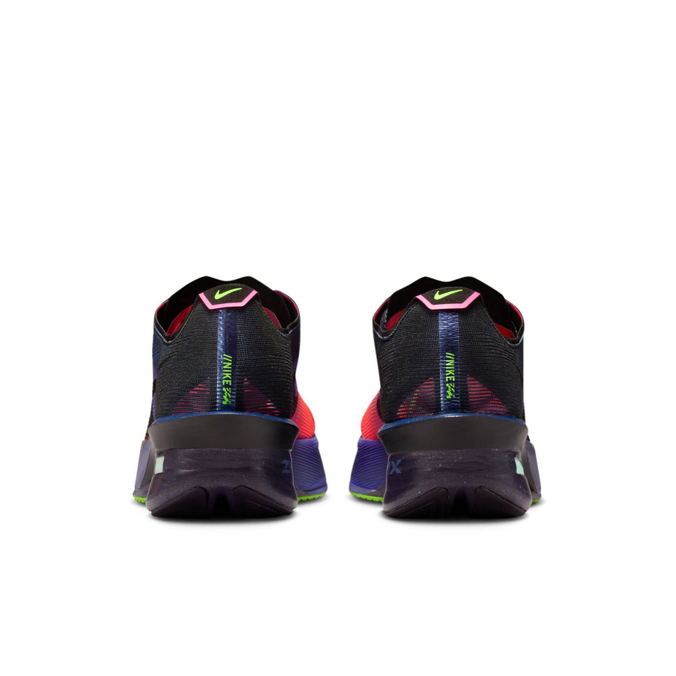 The back of a pair of Nike Men's Vaporfly 4 Glam Road Racing Shoes in the Dark Obsidian/Black-Purple Dynasty colourway.