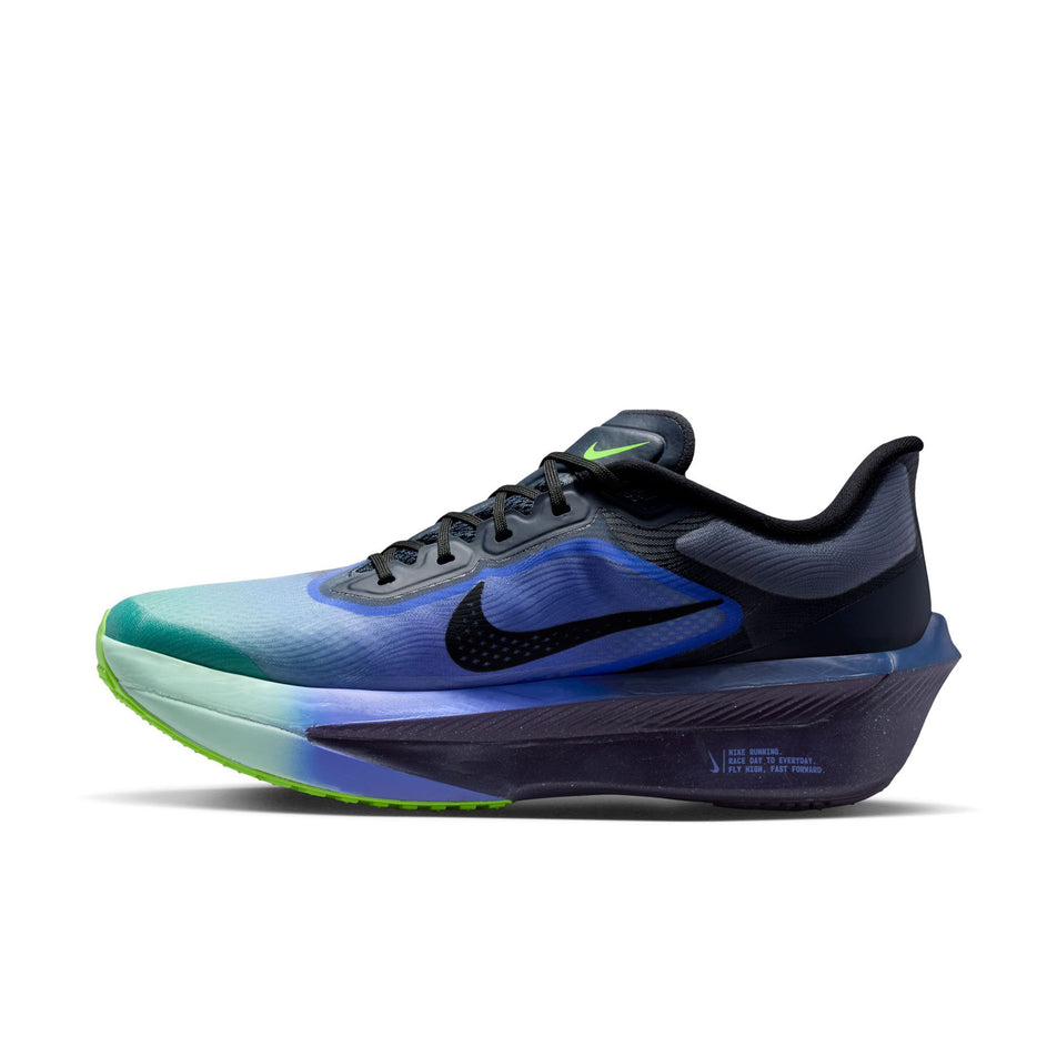 Medial view of the left shoe from a pair of Nike Men's Zoom Fly 6 Road Running Shoes in the Dark Obsidian/Black-Racer Blue colourway.