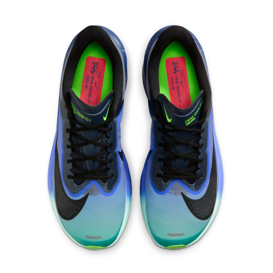 The uppers of a pair of Nike Men's Zoom Fly 6 Road Running Shoes in the Dark Obsidian/Black-Racer Blue colourway.