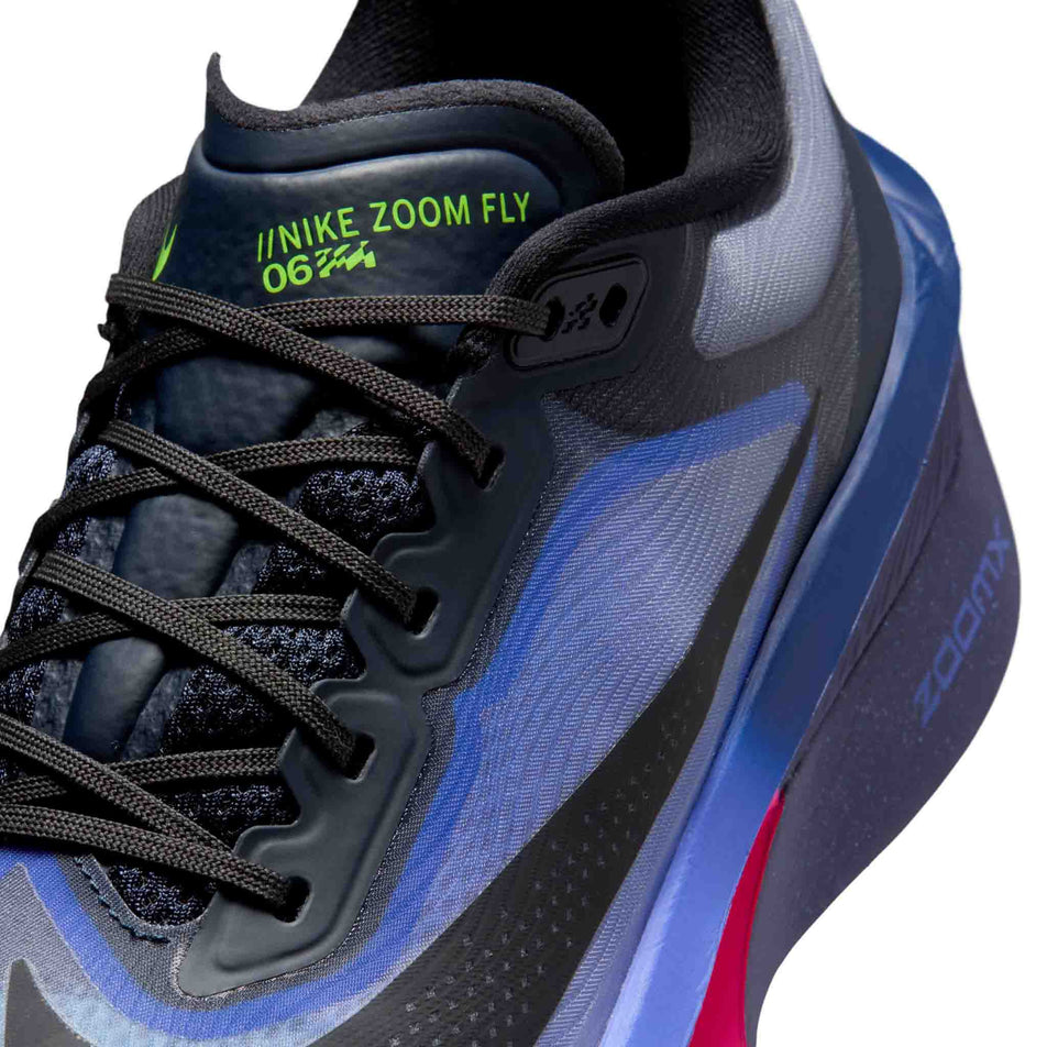 Close-up view of the upper of the left shoe from a pair of Nike Men's Zoom Fly 6 Road Running Shoes in the Dark Obsidian/Black-Racer Blue colourway.