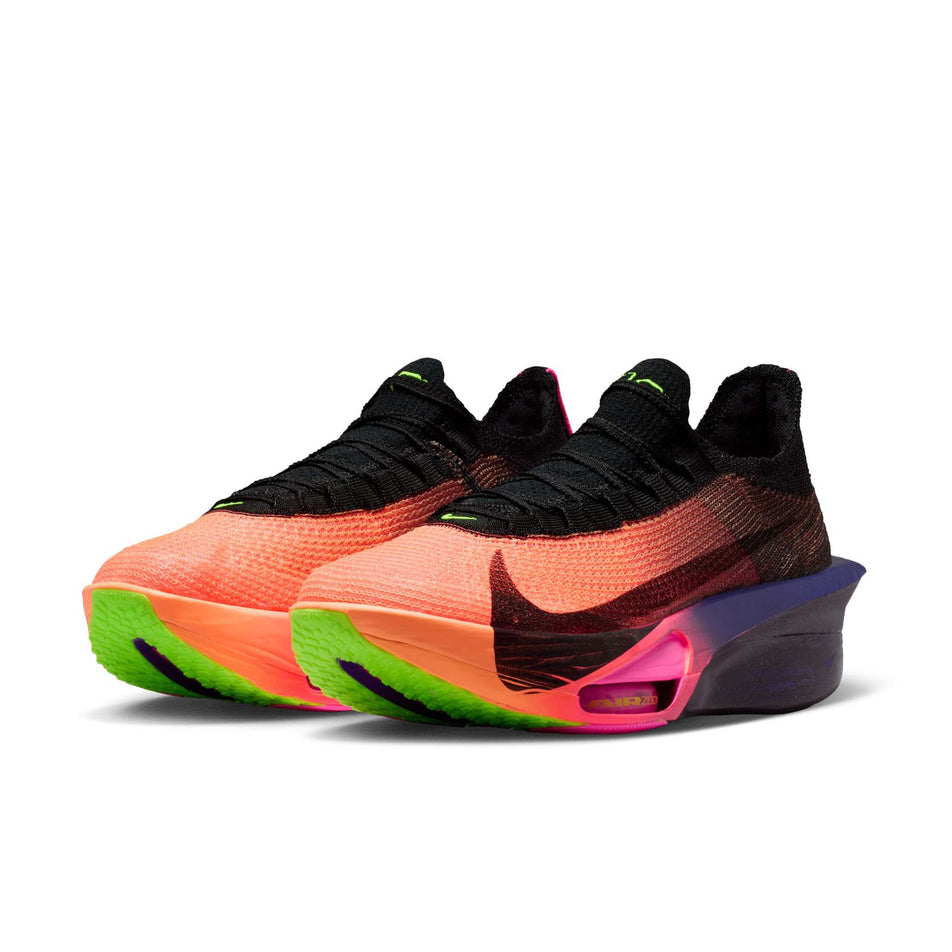A pair of Nike Men's Alphafly 3 Road Racing Shoes in the Orange Pulse/Black-Purple Dynasty colourway.