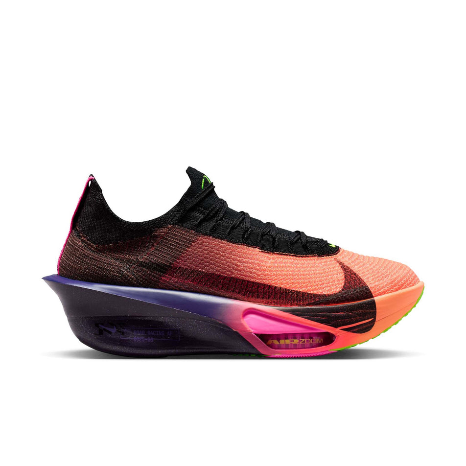 Lateral view of the right shoe from a pair of Nike Men's Alphafly 3 Road Racing Shoes in the Orange Pulse/Black-Purple Dynasty colourway.