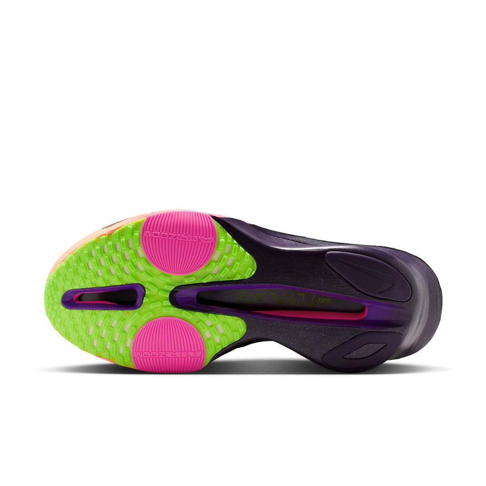 The outsole of the left shoe from a pair of Nike Men's Alphafly 3 Road Racing Shoes in the Orange Pulse/Black-Purple Dynasty colourway.