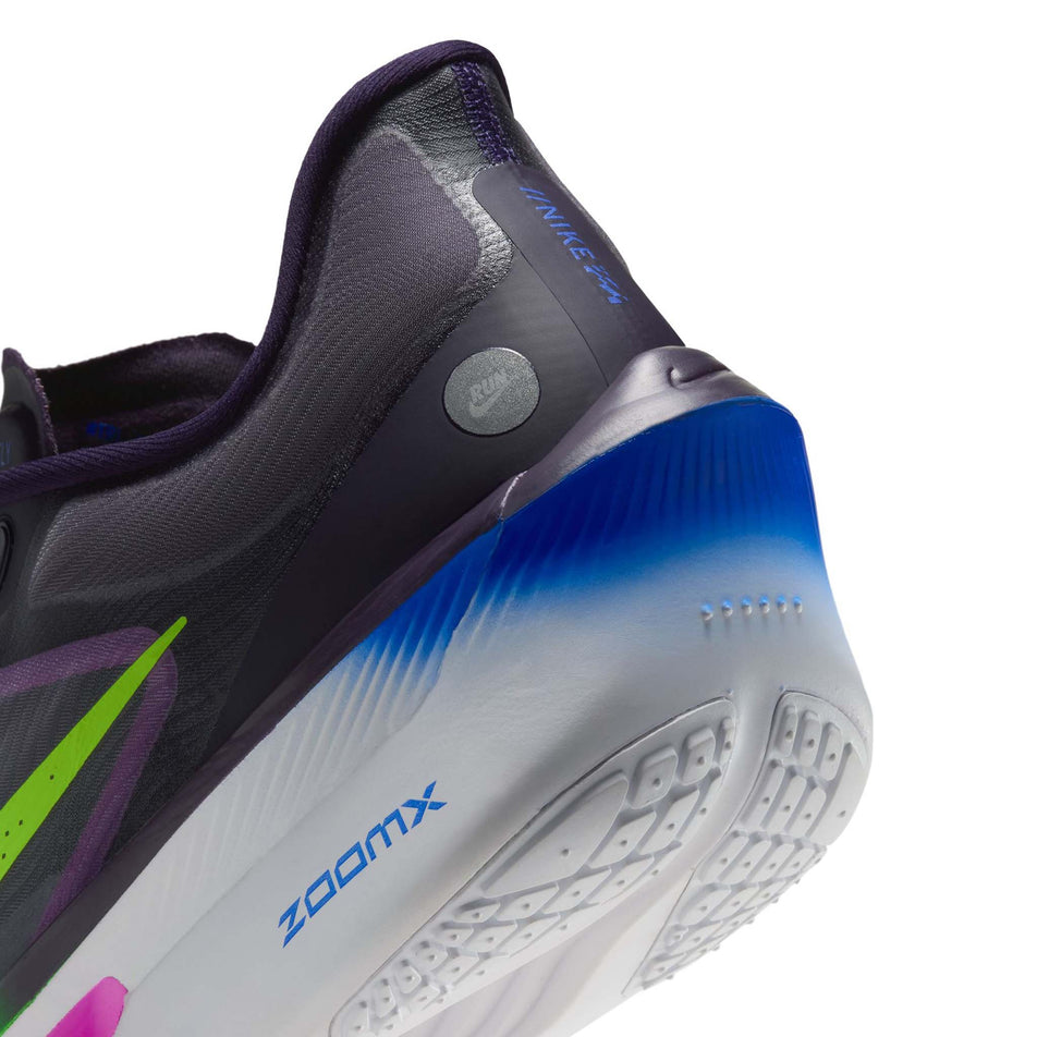 Close-up view of the rearfoot section of the right shoe from a pair of Nike Men's Zoom Fly 6 Road Running Shoes in the Purple Dynasty/Volt-Fuchsia Dream colourway.