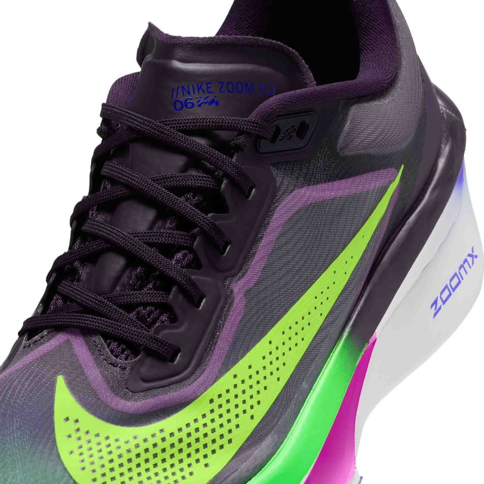Close-up view of the upper of the right shoe from a pair of Nike Men's Zoom Fly 6 Road Running Shoes in the Purple Dynasty/Volt-Fuchsia Dream colourway.