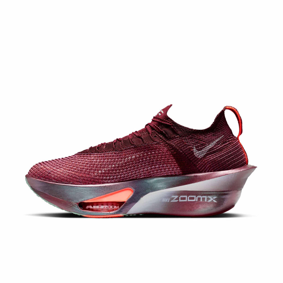 Medial view of the right shoe from a pair of Nike Women's Alphafly 3 Road Racing Shoes in the Team Red/Barely Green-Bright Crimson colourway.