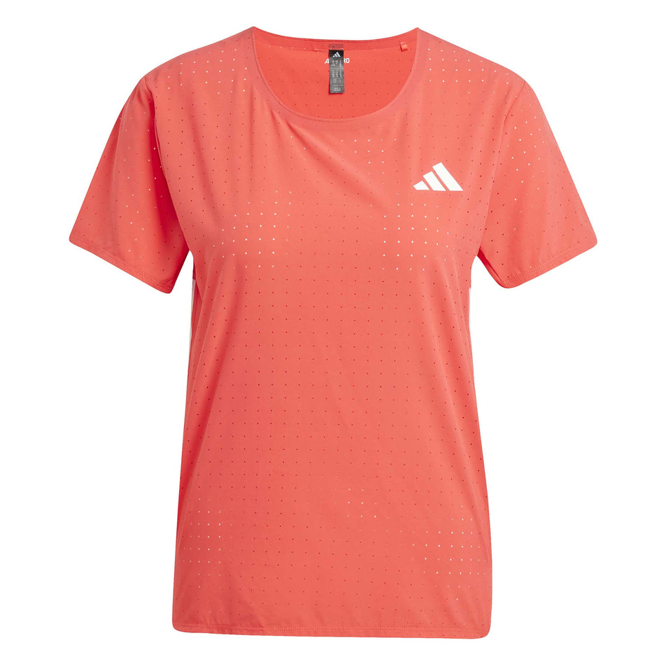 Front view of the adidas Women's Adizero Tee in the Semi Lucid Red colourway. (8567020880034)