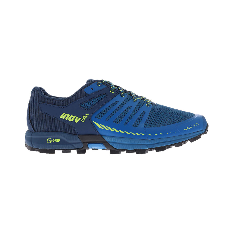 Lateral side of the right shoe from a pair of inov-8 Men's Roclite G 275 V2 Running Shoes in the Blue/Navy/Lime colourway  (7744944275618)