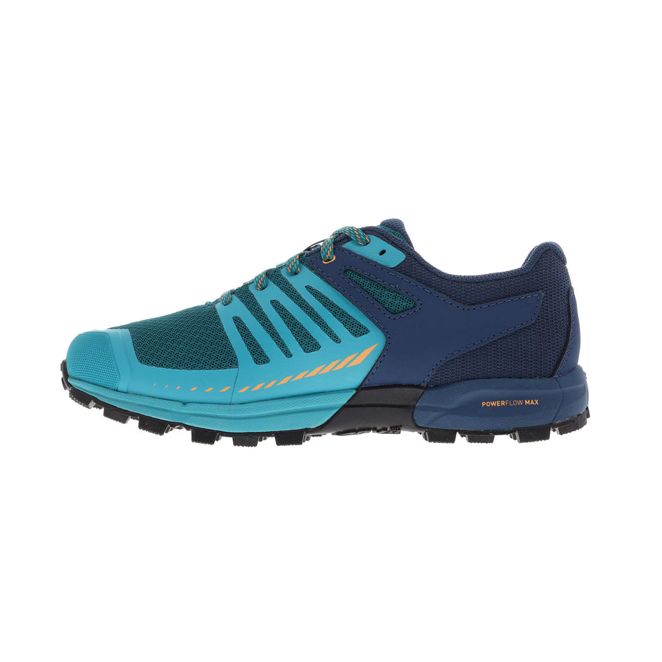 Medial side of the right shoe from a pair of inov-8 Women's Roclite G 275 V2 Running Shoes in the Teal/Navy/Nectar colourway (7744944865442)