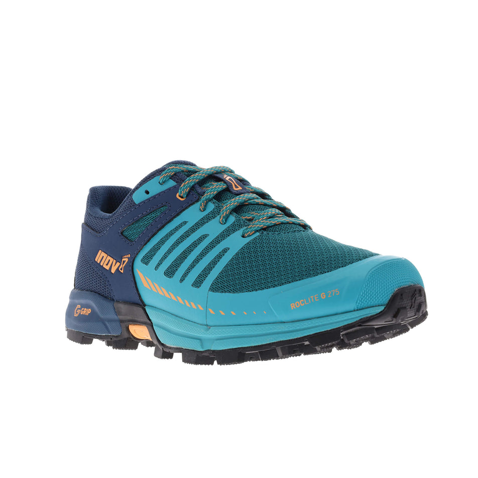 Lateral side of the right shoe from a pair of inov-8 Women's Roclite G 275 V2 Running Shoes in the Teal/Navy/Nectar colourway (7744944865442)