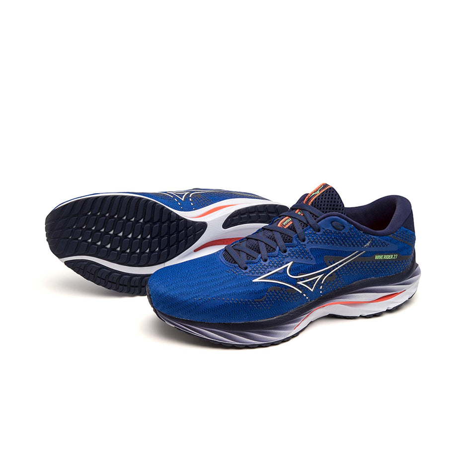 A pair of Mizuno Men's Wave Rider 27 Running Shoes in the Surf the Web/White/Neon Flame colourway (7926842491042)
