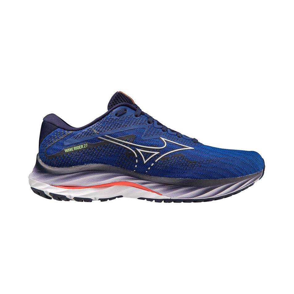 Lateral side of the right shoe from a pair of Mizuno Men's Wave Rider 27 Running Shoes in the Surf the Web/White/Neon Flame colourway (7926842491042)